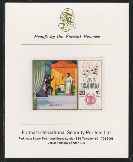 Ras Al Khaima 1969 Scenes from Operas 20Dh Othello by Verdi,imperf mounted on Format International proof card, as Mi 281B, stamps on music, stamps on operas, stamps on composers
