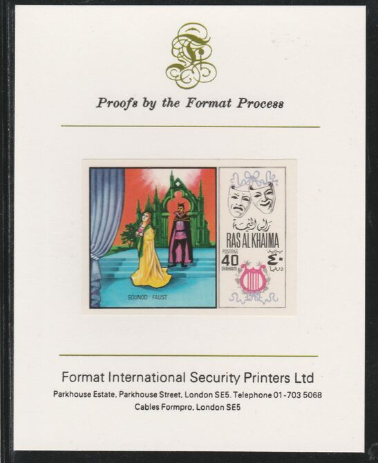 Ras Al Khaima 1969 Scenes from Operas 40Dh Faust by Gounod,imperf mounted on Format International proof card, as Mi 282B, stamps on music, stamps on operas, stamps on composers