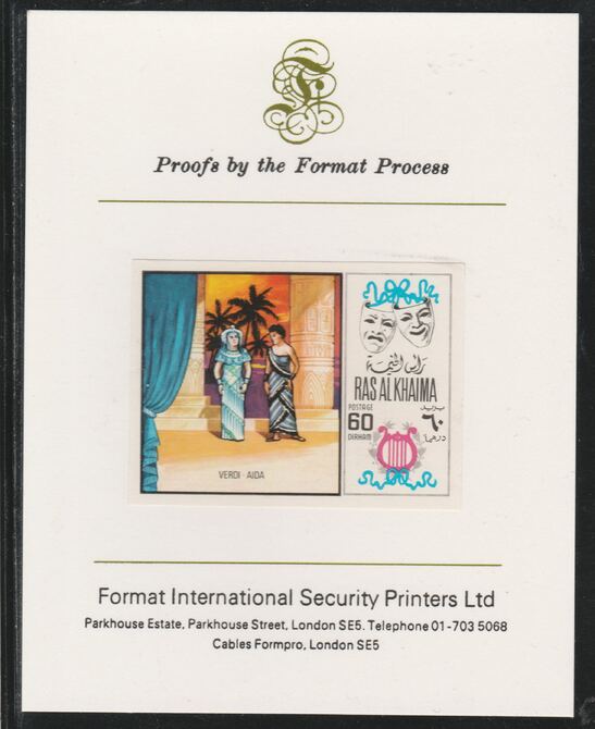 Ras Al Khaima 1969 Scenes from Operas 60Dh Aida by Verdi,imperf mounted on Format International proof card, as Mi 283B, stamps on music, stamps on operas, stamps on composers