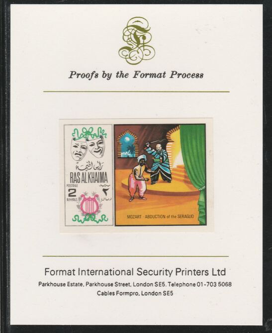 Ras Al Khaima 1969 Scenes from Operas 2R Abduction of the Seraglio by Mozart,imperf mounted on Format International proof card, as Mi 284B, stamps on music, stamps on operas, stamps on composers, stamps on  