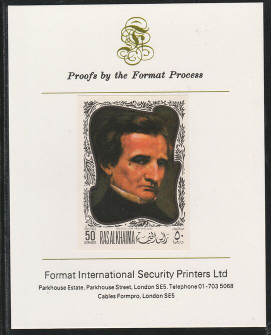 Ras Al Khaima 1969 Paintings of Composers - Berlioz 50D imperf mounted on Format International proof card, as Mi 277B, stamps on , stamps on  stamps on music, stamps on  stamps on composers, stamps on  stamps on berlioz