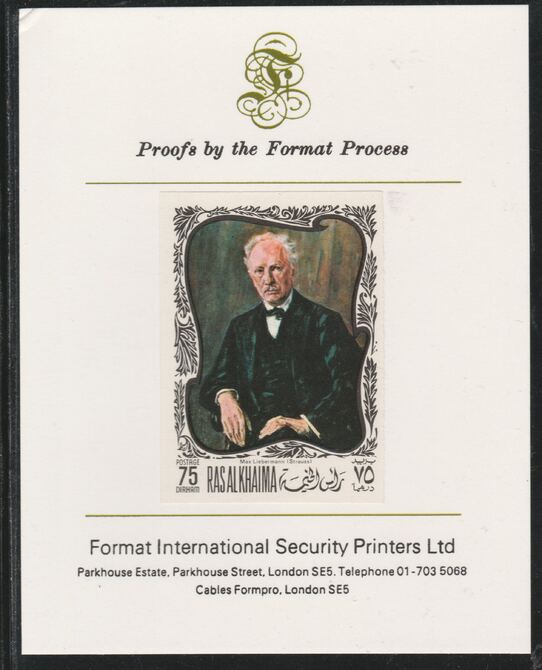 Ras Al Khaima 1969 Paintings of Composers - Strauss 75D imperf mounted on Format International proof card, as Mi 278B, stamps on music, stamps on composers, stamps on strauss
