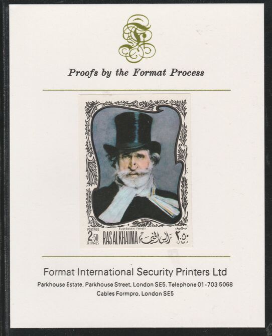 Ras Al Khaima 1969 Paintings of Composers - Verdi 2.5R imperf mounted on Format International proof card, as Mi 280B, stamps on music, stamps on composers, stamps on verdi