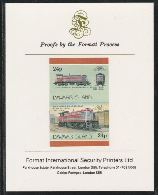 Davaar Island 1983 Locomotives #2 Gulf, Mobile & Ohio Class S-1 loco 24p imperf se-tenant pair mounted on Format International proof card, stamps on railways