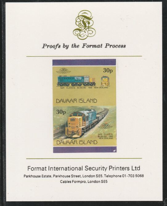 Davaar Island 1983 Locomotives #2 NZR Class Dj Bo-Bo-Bo loco 30p imperf se-tenant pair mounted on Format International proof card, stamps on railways