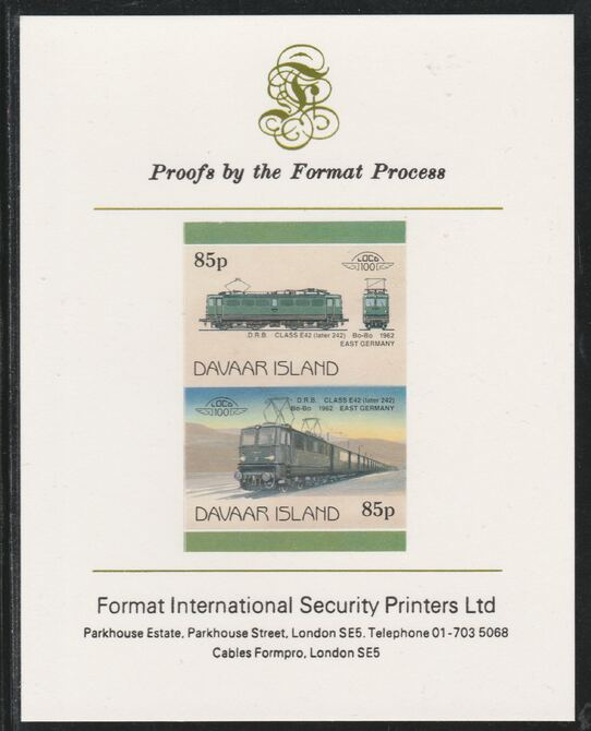 Davaar Island 1983 Locomotives #2 DRB Class E42 Bo-Bo loco 85p imperf se-tenant pair mounted on Format International proof card, stamps on , stamps on  stamps on railways