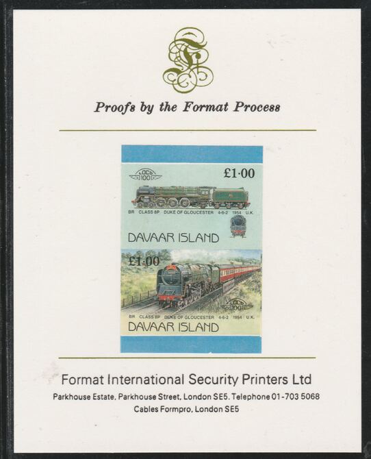 Davaar Island 1983 Locomotives #2 Duke of Gloucester 4-6-2 loco £1 imperf se-tenant pair mounted on Format International proof card, stamps on railways
