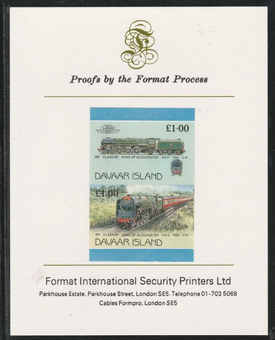 Davaar Island 1983 Locomotives #2 Duke of Gloucester 4-6-2 loco 1 imperf se-tenant pair mounted on Format International proof card, stamps on railways