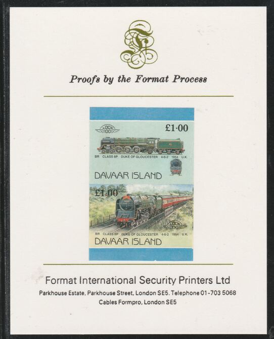 Davaar Island 1983 Locomotives #2 Duke of Gloucester 4-6-2 loco Â£1 imperf se-tenant pair mounted on Format International proof card, stamps on railways