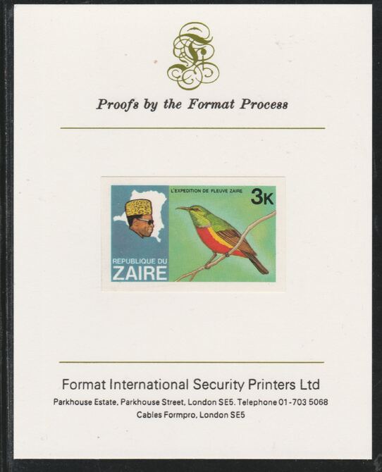 Zaire 1979 River Expedition 3k Sunbird imperf mounted on Format International proof card as SG953, stamps on , stamps on  stamps on animals, stamps on  stamps on elephants