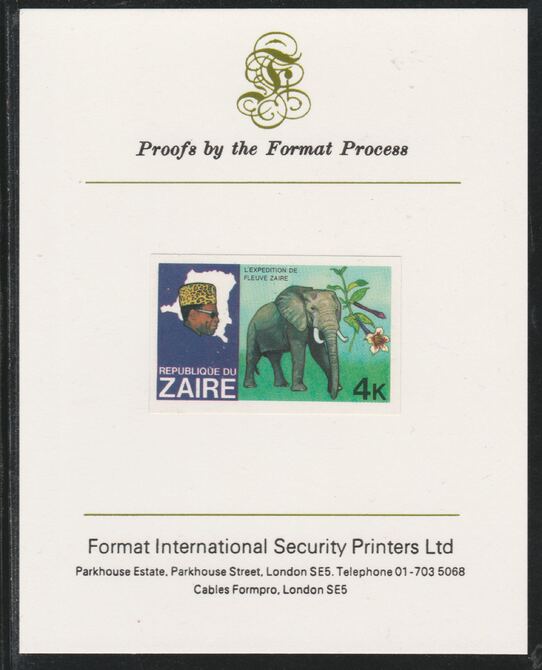 Zaire 1979 River Expedition 4k Elephant imperf mounted on Format International proof card as SG 954, stamps on , stamps on  stamps on birds