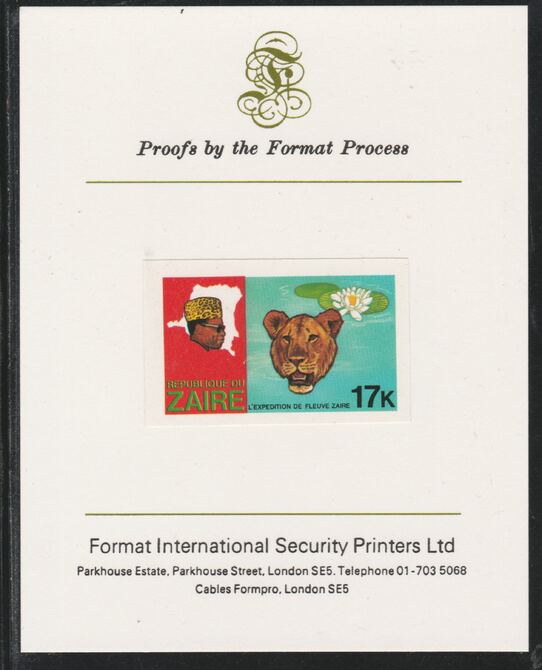 Zaire 1979 River Expedition 17k (Leopard & Water Lily) imperf mounted on Format International proof card as SG 957, stamps on , stamps on  stamps on flowers, stamps on  stamps on cats, stamps on  stamps on leopards