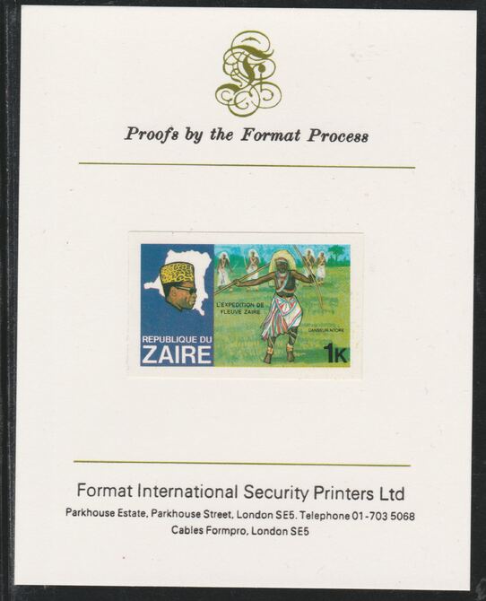 Zaire 1979 River Expedition 1k Ntore Dancer imperf mounted on Format International proof card as SG 952, stamps on , stamps on  stamps on dancing