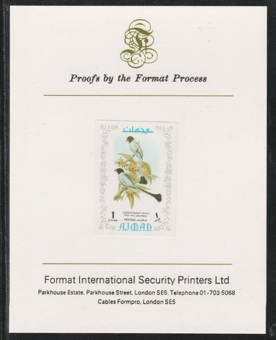 Ajman 1971 Exotic Birds - Hooded Treepie 1Dh imperf mounted on Format International proof card as Mi 879B, stamps on birds