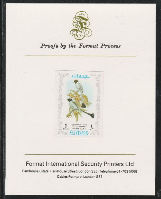 Ajman 1971 Exotic Birds - Hooded Treepie 1Dh imperf mounted on Format International proof card as Mi 879B, stamps on , stamps on  stamps on birds