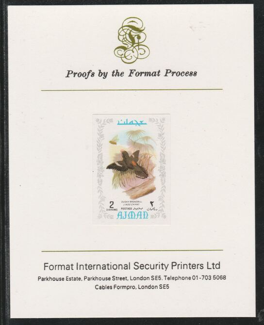 Ajman 1971 Exotic Birds - Dusky Broadbill 2Dh imperf mounted on Format International proof card as Mi 880B, stamps on birds