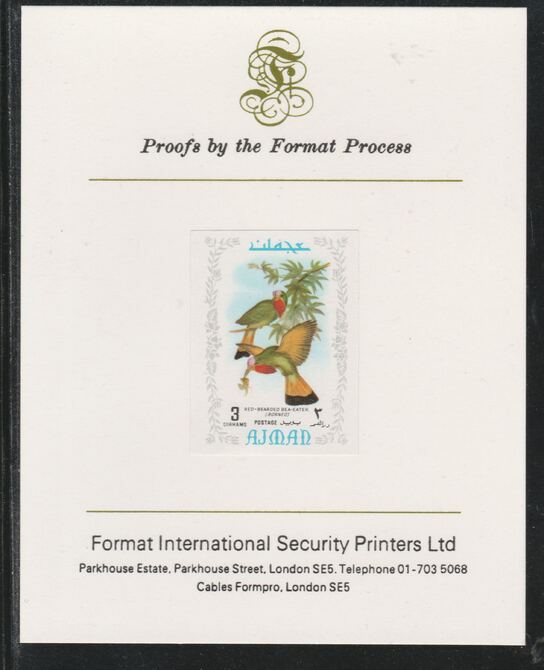 Ajman 1971 Exotic Birds - Red-Bearded Bee-Eater 3Dh imperf mounted on Format International proof card as Mi 881B, stamps on , stamps on  stamps on birds, stamps on  stamps on bee-eatter