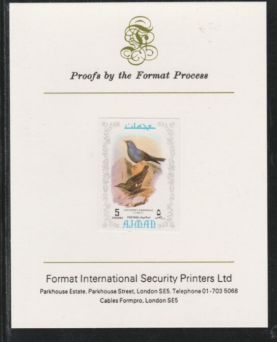 Ajman 1971 Exotic Birds - Grandala 5Dh imperf mounted on Format International proof card as Mi 882B, stamps on , stamps on  stamps on birds