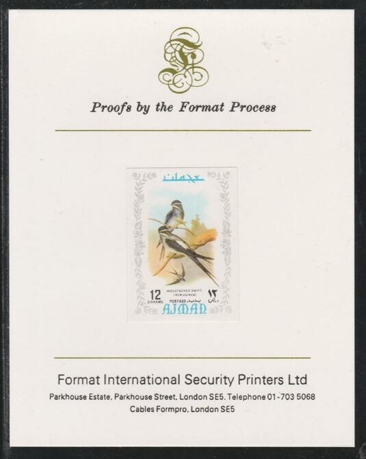 Ajman 1971 Exotic Birds - Moustached Treeswift 12Dh imperf mounted on Format International proof card as Mi 885B, stamps on , stamps on  stamps on birds