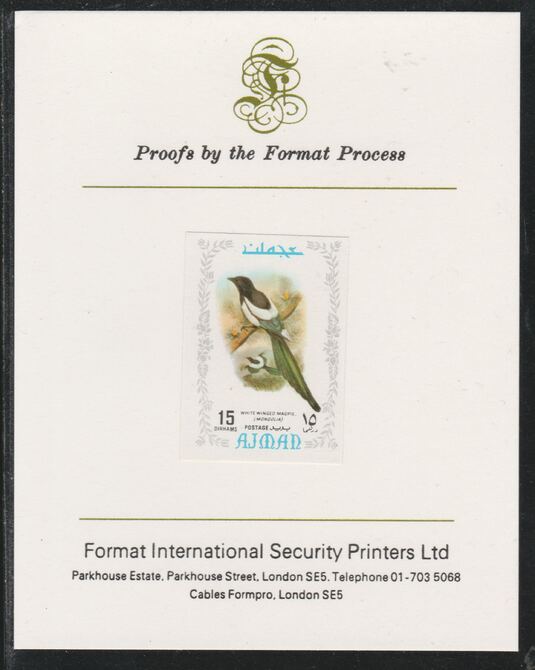 Ajman 1971 Exotic Birds - Eurasian Magpie 15Dh imperf mounted on Format International proof card as Mi 886B, stamps on , stamps on  stamps on birds, stamps on  stamps on magpie