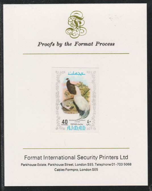 Ajman 1971 Exotic Birds - Brown-Eared Pheasant 40Dh imperf mounted on Format International proof card as Mi 890B, stamps on , stamps on  stamps on birds, stamps on  stamps on game, stamps on  stamps on pheasants