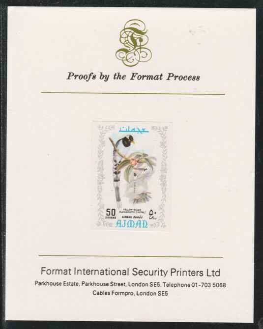 Ajman 1971 Exotic Birds - Gold-Billed Magpie 50Dh imperf mounted on Format International proof card as Mi 891B, stamps on , stamps on  stamps on birds, stamps on  stamps on magpie