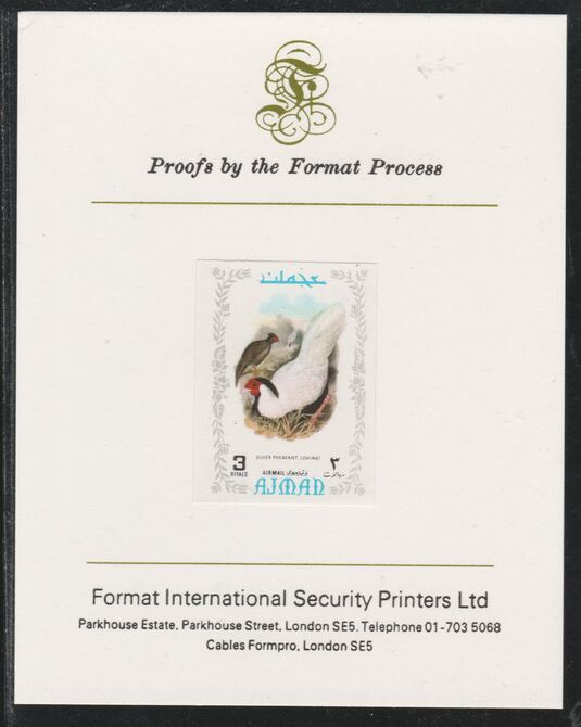 Ajman 1971 Exotic Birds - Silver Pheasant 3R imperf mounted on Format International proof card as Mi 894B, stamps on , stamps on  stamps on birds, stamps on  stamps on game, stamps on  stamps on pheasants