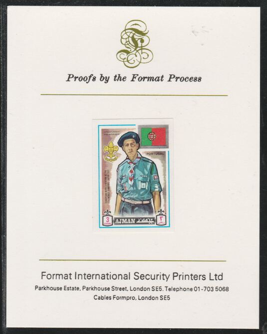 Ajman 1971 World Scouts - Portugal 3Dh imperf mounted on Format International proof card as Mi 906B, stamps on , stamps on  stamps on scouts, stamps on  stamps on flags