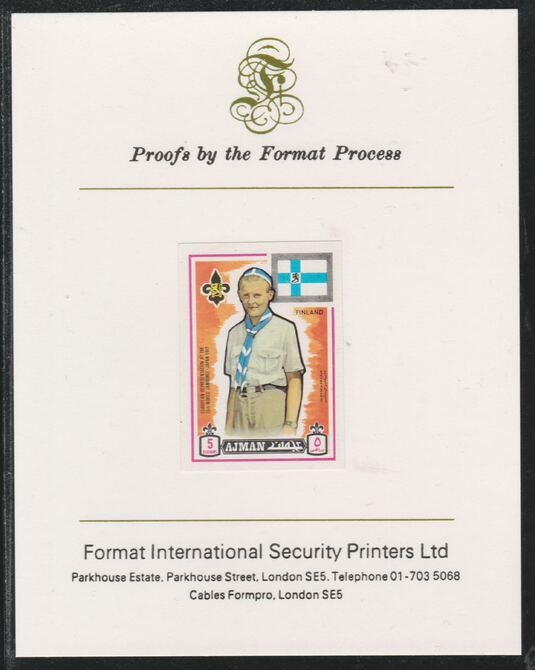Ajman 1971 World Scouts - Finland 5Dh imperf mounted on Format International proof card as Mi 907B, stamps on scouts, stamps on flags