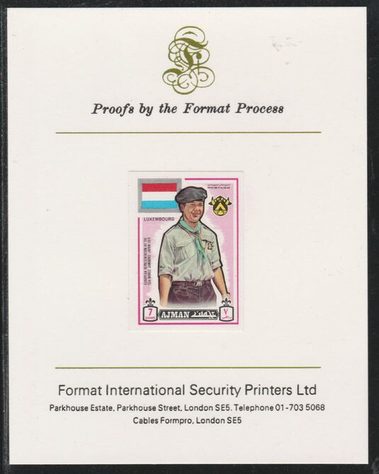 Ajman 1971 World Scouts - Luxemburg 7Dh imperf mounted on Format International proof card as Mi 908B, stamps on , stamps on  stamps on scouts, stamps on  stamps on flags