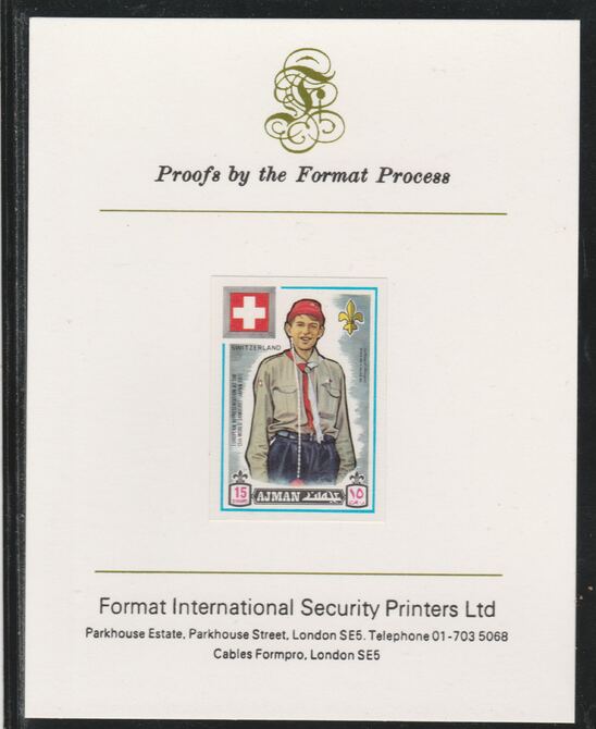 Ajman 1971 World Scouts - Switzerland 15Dh imperf mounted on Format International proof card as Mi 911B