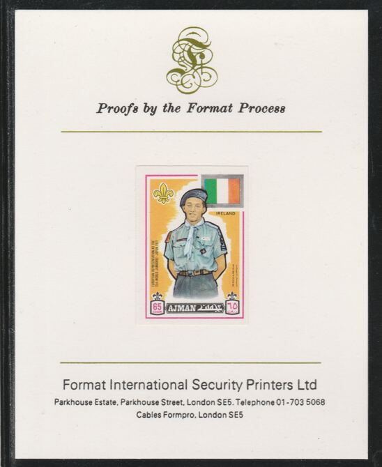 Ajman 1971 World Scouts - Ireland 65Dh imperf mounted on Format International proof card as Mi 918B, stamps on , stamps on  stamps on scouts, stamps on  stamps on flags