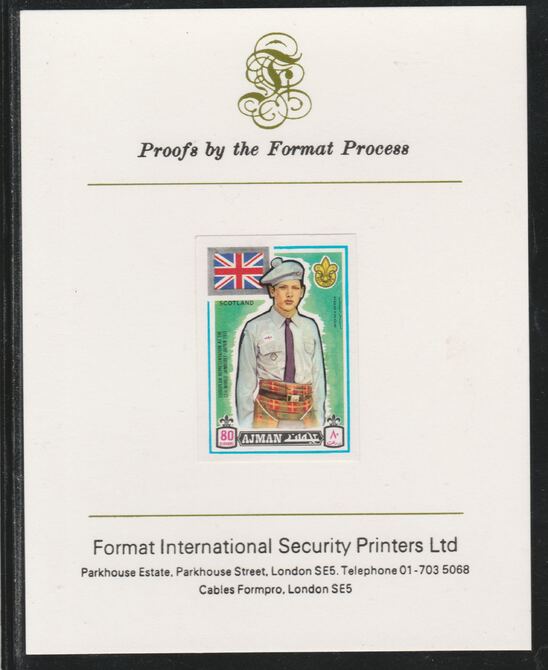 Ajman 1971 World Scouts - Scotland 80Dh imperf mounted on Format International proof card as Mi 919B, stamps on , stamps on  stamps on scouts, stamps on  stamps on flags