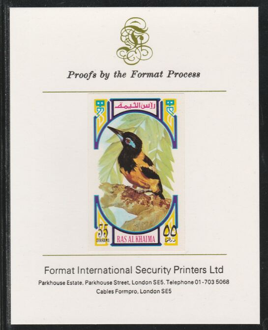 Ras Al Khaima 1972 Birds - Woodpecker 55Dh imperf mounted on Format International proof card as Mi 594B, stamps on , stamps on  stamps on birds, stamps on  stamps on woodpeckers