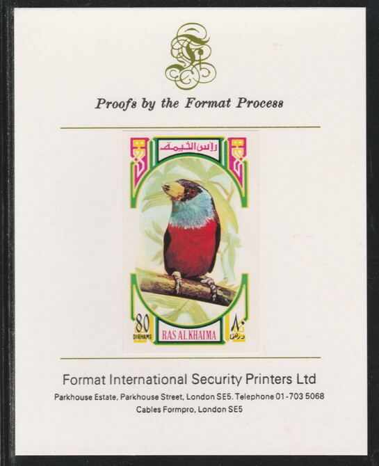 Ras Al Khaima 1972 Birds - Hawfinch 80Dh imperf mounted on Format International proof card as Mi 595B, stamps on birds, stamps on 