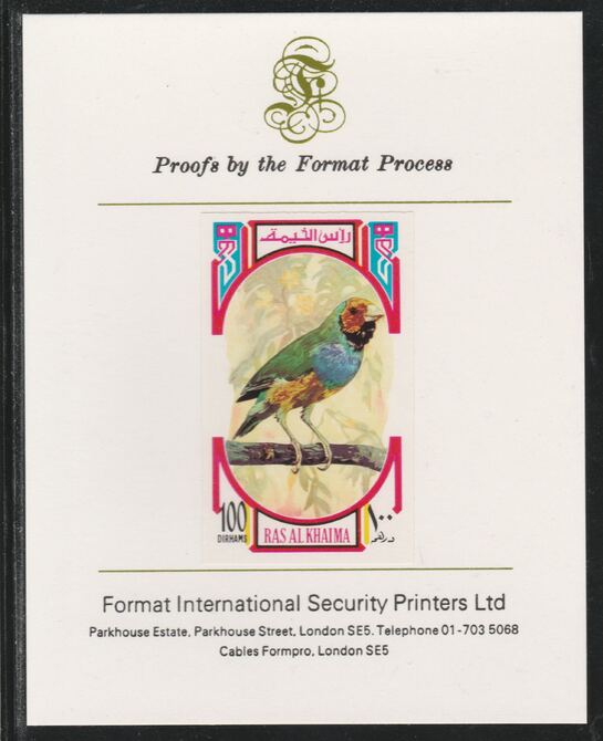 Ras Al Khaima 1972 Birds - Finch 100Dh imperf mounted on Format International proof card as Mi 596B, stamps on birds, stamps on 