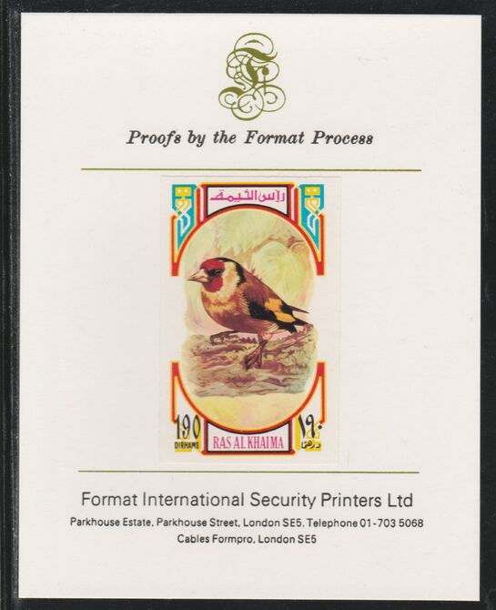 Ras Al Khaima 1972 Birds - Goldfinch 190Dh imperf mounted on Format International proof card as Mi 598B, stamps on birds, stamps on 