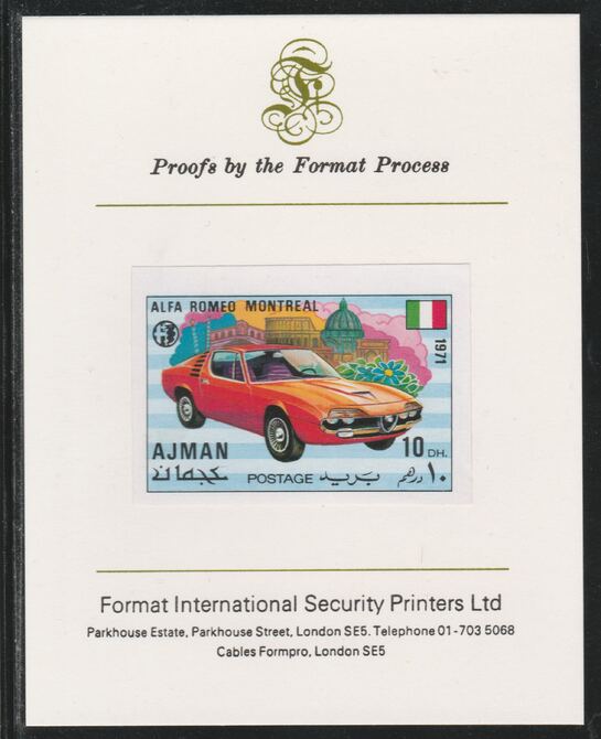 Ajman 1971 Modern Cars - Alfa Romeo 10Dh imperf mounted on Format International proof card as Mi 1169B, stamps on , stamps on  stamps on cars, stamps on  stamps on alfa romeo