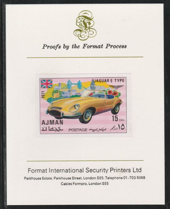 Ajman 1971 Modern Cars - Jaguar E Type 15Dh imperf mounted on Format International proof card as Mi 1170B, stamps on , stamps on  stamps on cars, stamps on  stamps on jaguar