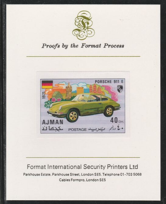 Ajman 1971 Modern Cars - Porsche 40Dh imperf mounted on Format International proof card as Mi 1172B, stamps on cars, stamps on porsche