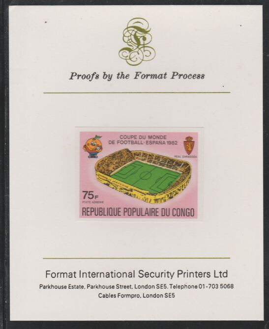 Congo 1980 World Cup Football,75f (Real Zaragoza Stadium) imperf proof mounted on Format International proof card as SG 727, stamps on football, stamps on stadia