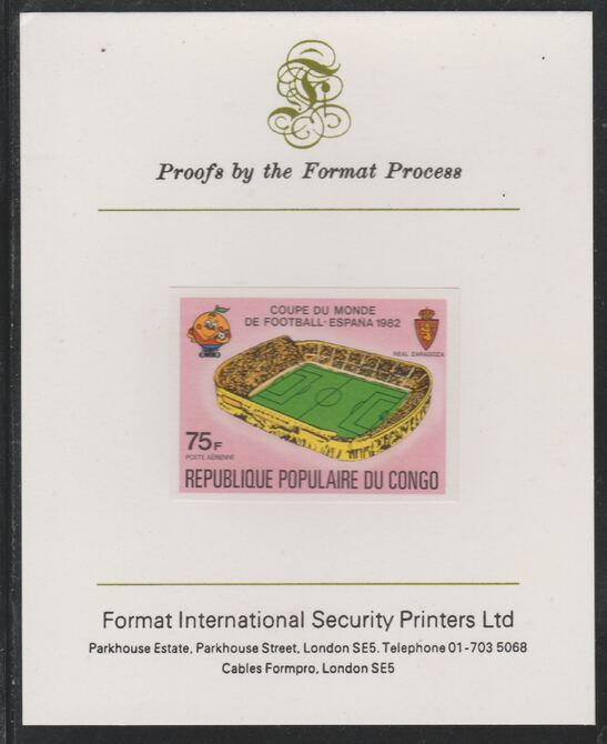 Congo 1980 World Cup Football  75f (Real Zaragoza Stadium) imperf proof mounted on Format International proof card as SG 727, stamps on football, stamps on stadia