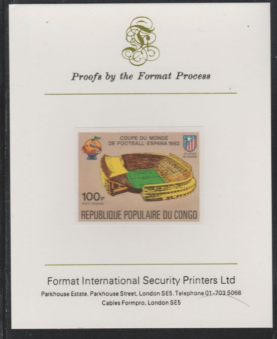 Congo 1980 World Cup Football,100f (Atletico de Madrid Stadium) imperf proof mounted on Format International proof card as SG 728, stamps on football, stamps on stadia