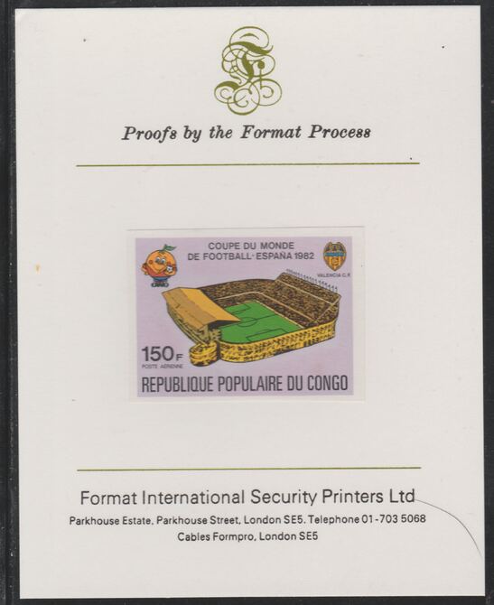 Congo 1980 World Cup Football,150f (Valencia CF Stadium) imperf proof mounted on Format International proof card as SG 729, stamps on football, stamps on stadia