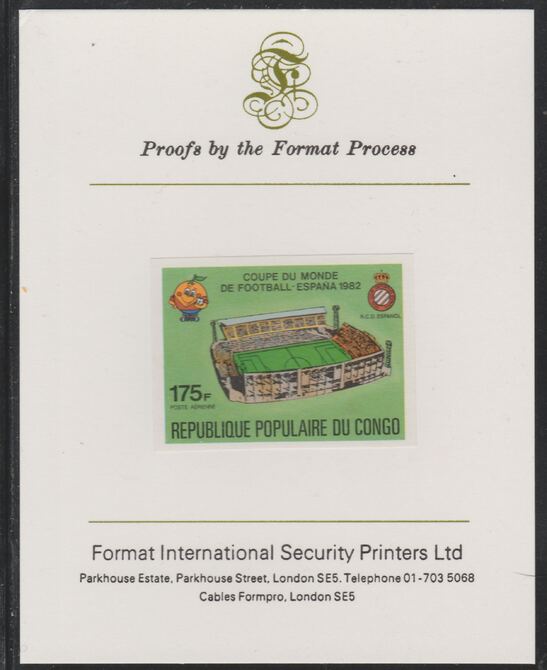 Congo 1980 World Cup Football,175f (RCD Espanol Stadium) imperf proof mounted on Format International proof card as SG 730, stamps on football, stamps on stadia