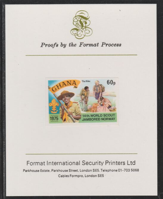 Ghana 1976 World Scout Jamboree 60p Hiking imperf mounted on Format International proof card as SG 757, stamps on , stamps on  stamps on scouts, stamps on  stamps on hiking