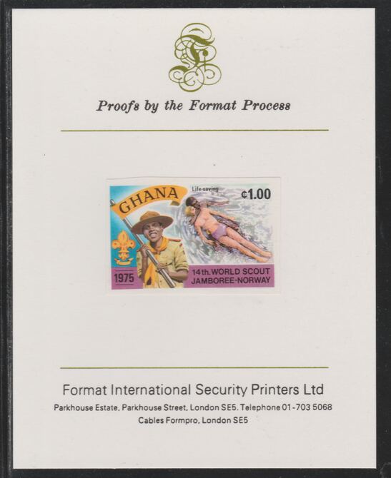 Ghana 1976 World Scout Jamboree 1c Life Saving imperf mounted on Format International proof card as SG 758