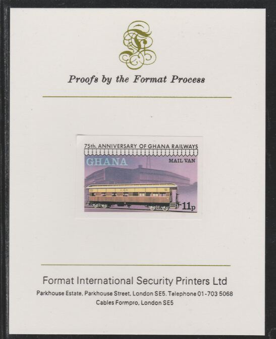 Ghana 1978 Railway Anniversary 11p Mail Van imperf mounted on Format International proof card as SG 868, stamps on railways