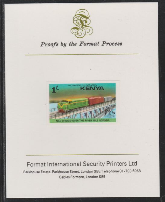 Kenya 1976 Railway Transport 1s Nile Bridge imperf mounted on Format International proof card as SG 67