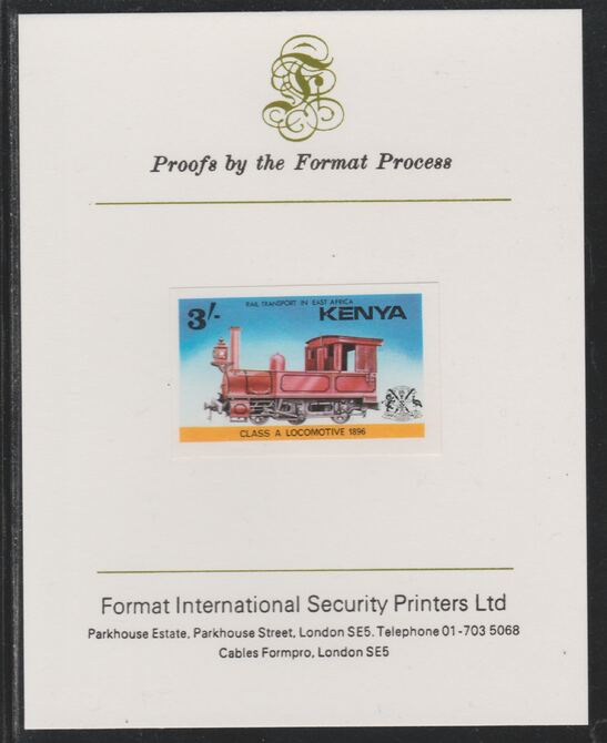 Kenya 1976 Railway Transport 3s Class A Steam Loco imperf mounted on Format International proof card as SG 68, stamps on , stamps on  stamps on railways, stamps on  stamps on 